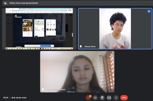 Imagem: Print de tela com duas estudantes de Design Digital da UFC, Adnny Alves e Rayane Freitas, apresentando trabalho dos Encontros Universitários em uma reunião virtual do Google Meet