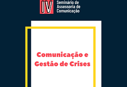 Fundo azul marinho com quadrado no meio de fundo branco. No centro do quadrado está escrito "Comunicação e Gestão de crises" na cor vermelha