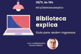 Cartaz da live sobre os serviços da Biblioteca do Pici. Na parte esquerda da imagem, há um computador com uma luminária em cima