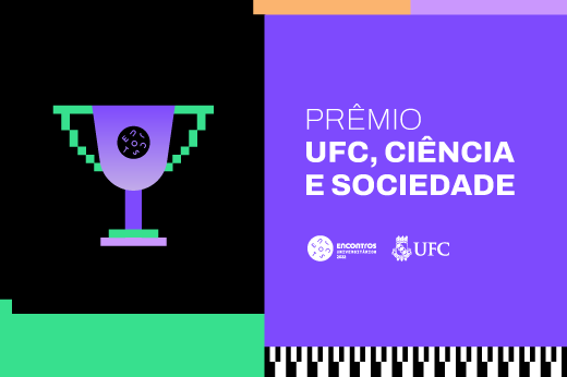 Imagem: Imagem com a marca do prêmio e a ilustração de um troféu, nas cores preto, roxo e verde