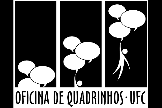 Imagem: marca da Oficina de Quadrinhos da UFC, com desenhos de um pequeno boneco sendo erguido por balões, em preto e branco