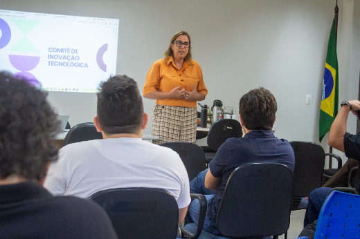 Imagem: professora Cláudia do Ó Pessoa de pé, à frente de participantes da reunião do COMIT