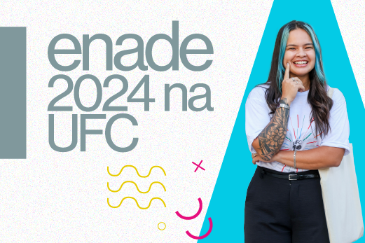 Imagem: Foto de jovem estudante com camiseta da UFC 70 anos e texto "Enade 2024 na UFC"